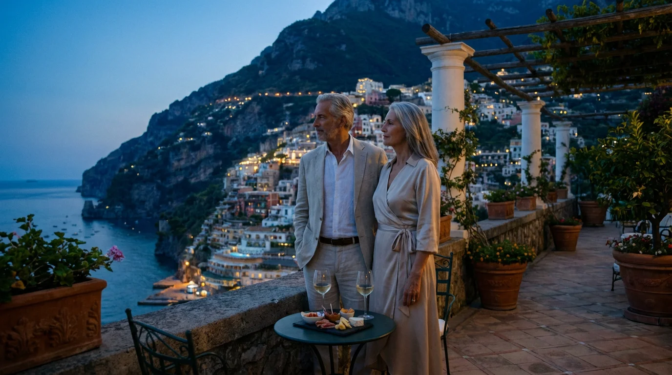 Senior couple on a luxury terrace overlooking a Mediterranean town at dusk.