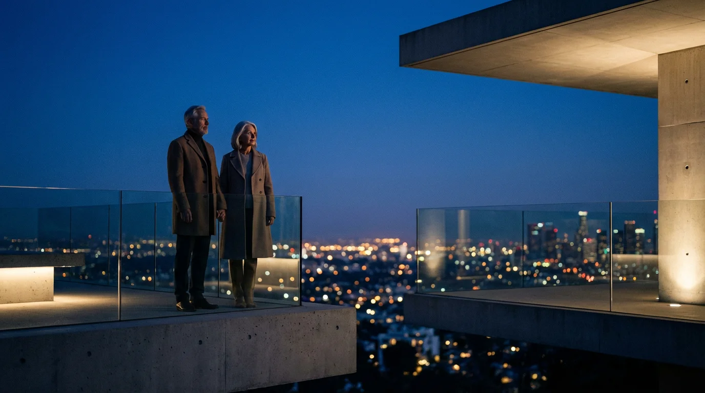 Senior couple on a modern overlook watching a city skyline at dusk, contemplating legacy.