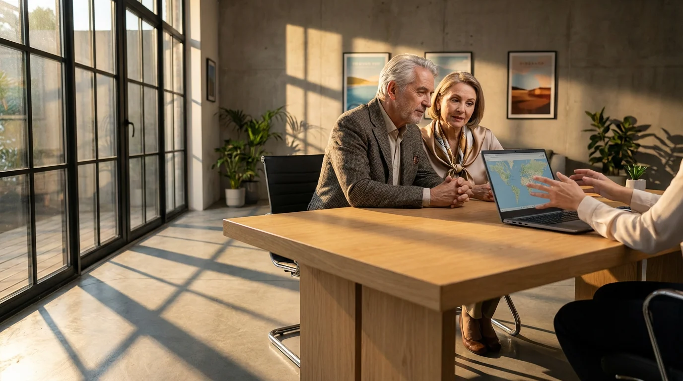 Senior couple planning their travel adventure with a professional consultant at a modern agency.