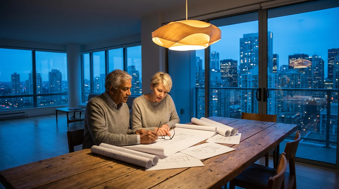 Senior couple reviewing architectural blueprints for home adaptability in their modern apartment at dusk.