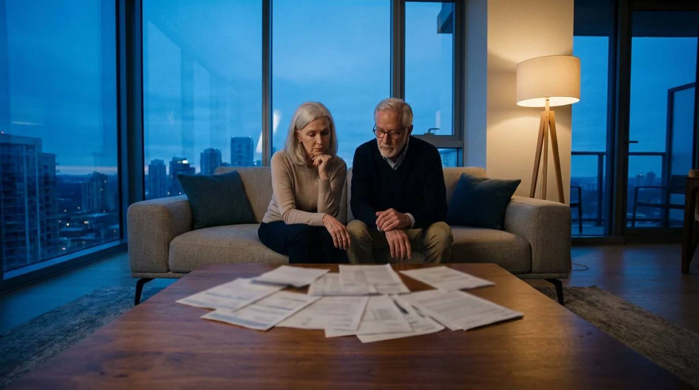 Senior couple reviews financial paperwork in their modern living room at dusk.
