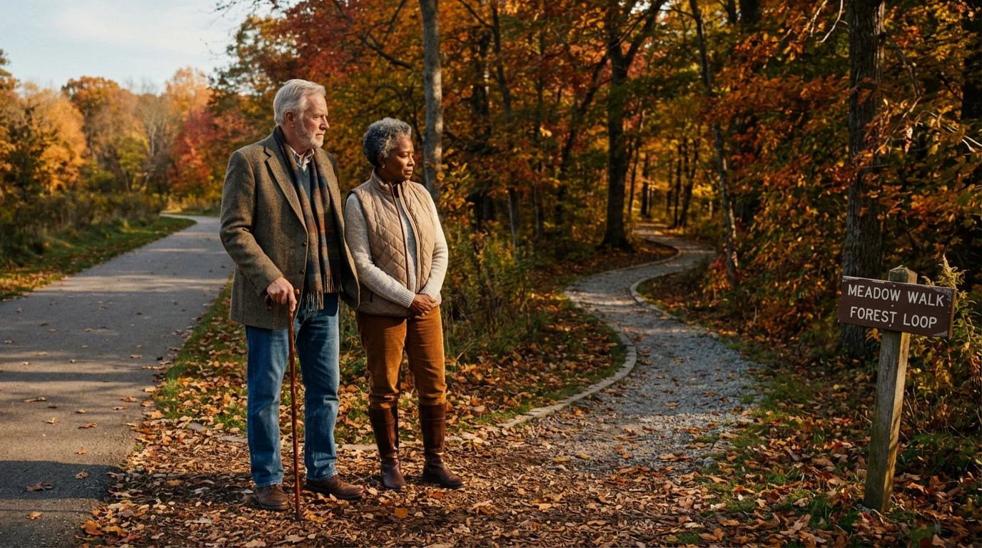 Senior couple stands at a fork in a path, considering which way to go.