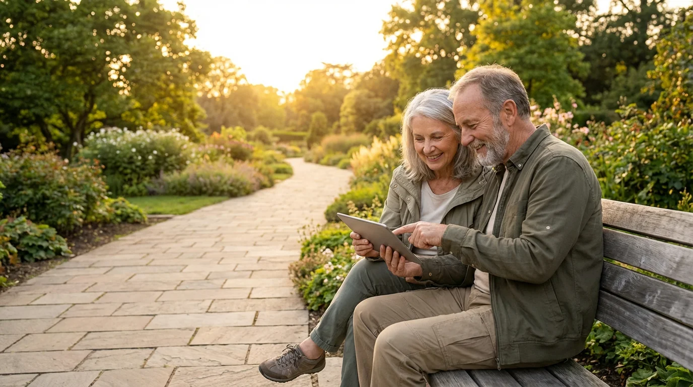 Senior couple using a tablet on a park bench at sunset, planning their future.