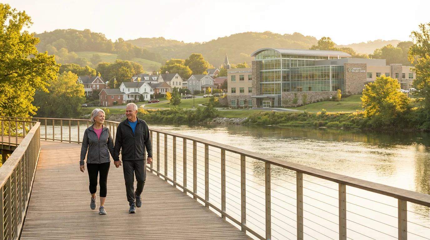 Senior couple walking on a riverside boardwalk at sunset with a modern town nearby.