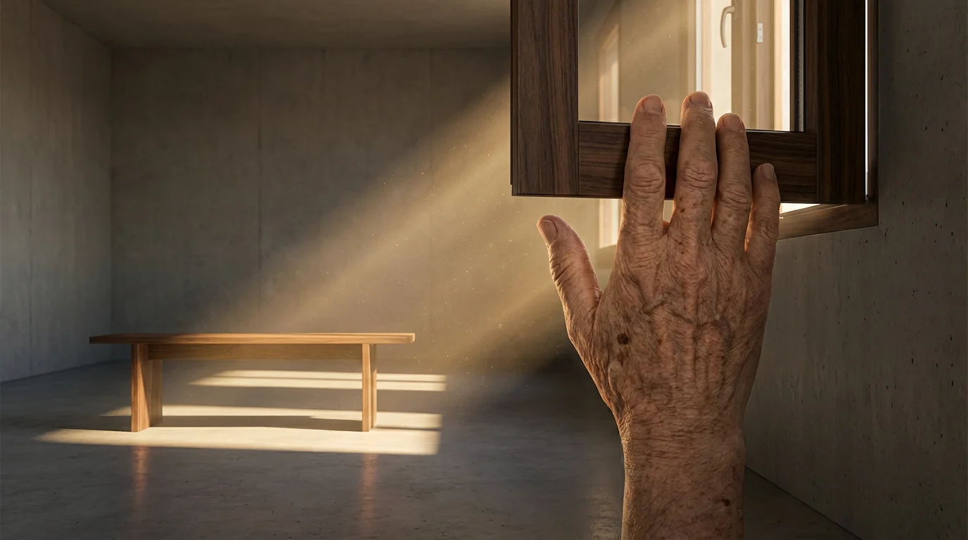 Senior hand reaching to open a window with a single beam of afternoon light.