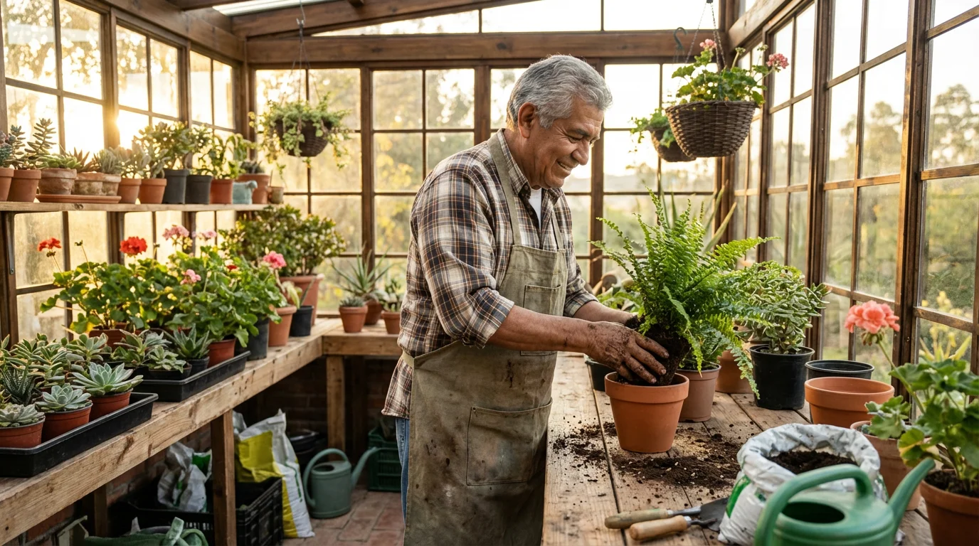 Senior Hispanic man happily gardening in a bright sunroom, repotting plants at a workbench.