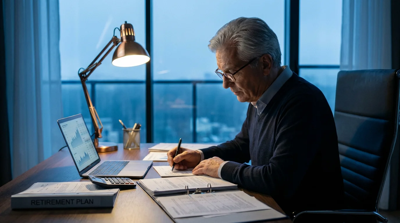 Senior man at desk in the evening, budgeting for retirement on his laptop.