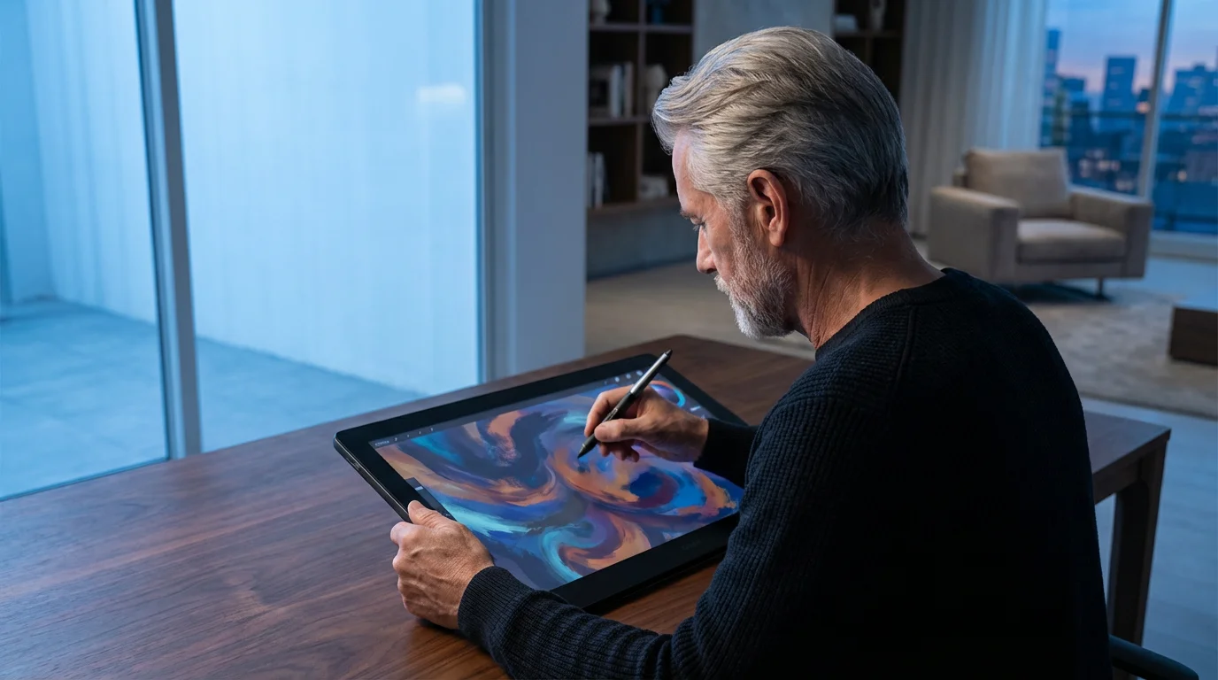 Senior man at dusk creating a colorful abstract painting on a digital art tablet.