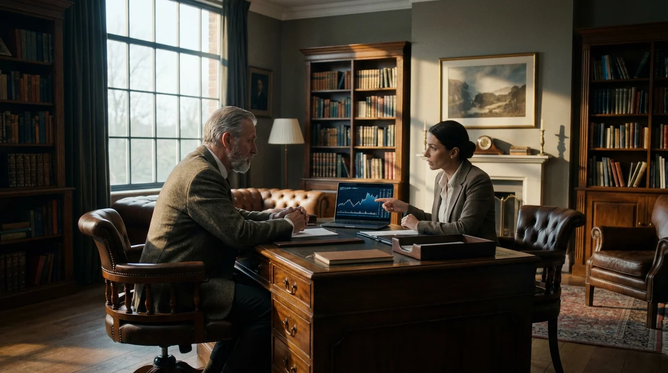 Senior man consulting with a financial advisor in a home library during the afternoon.