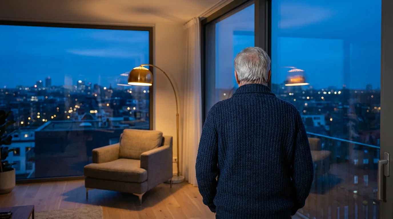 Senior man in a modern home looks out at a city skyline at dusk.