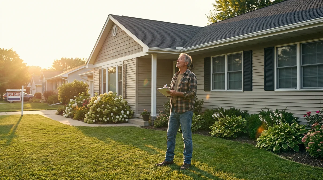 Senior man in his yard inspects his home's exterior during golden hour for budgeting.