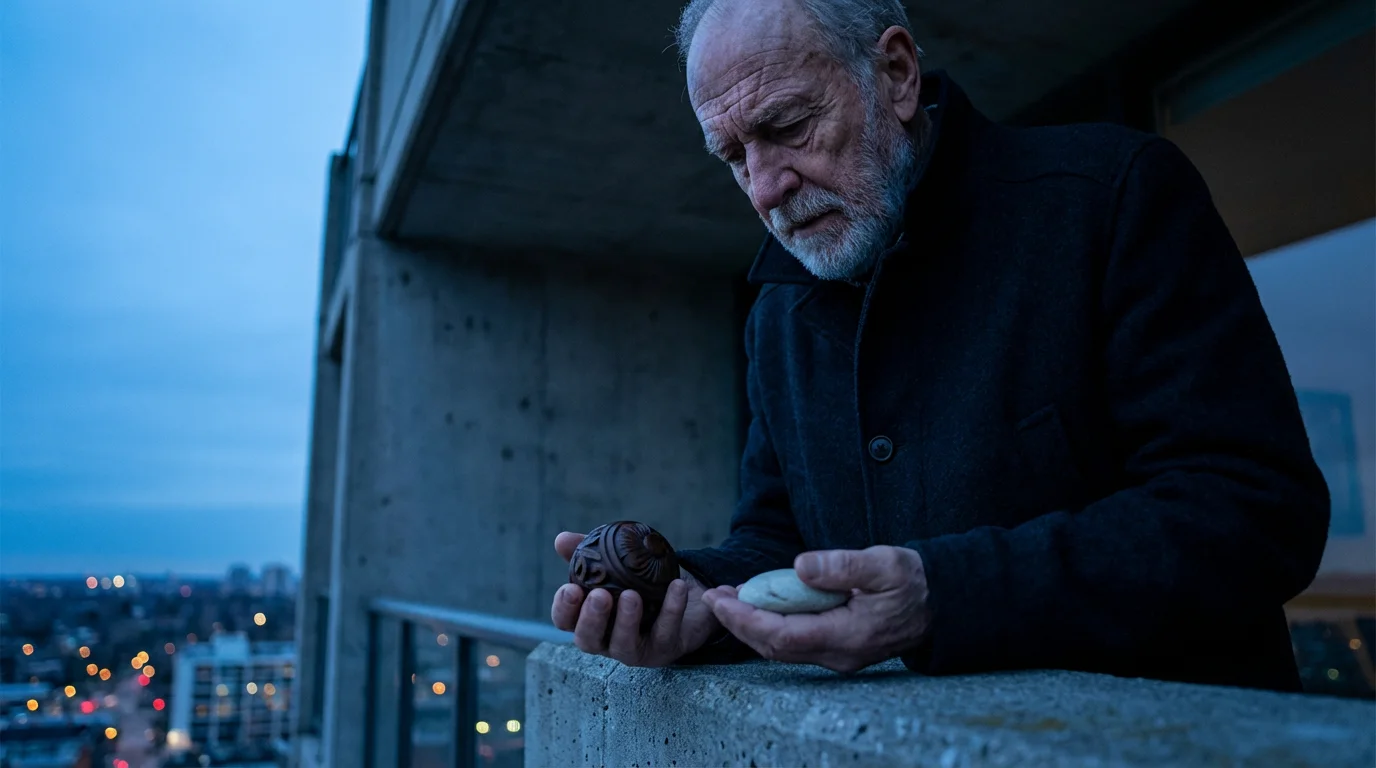 Senior man on a balcony holding a wooden sphere and a stone, symbolizing choices.
