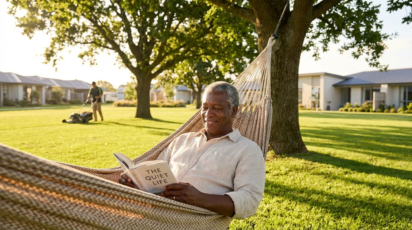 Senior man reading in a hammock, enjoying a maintenance-free lawn during golden hour.