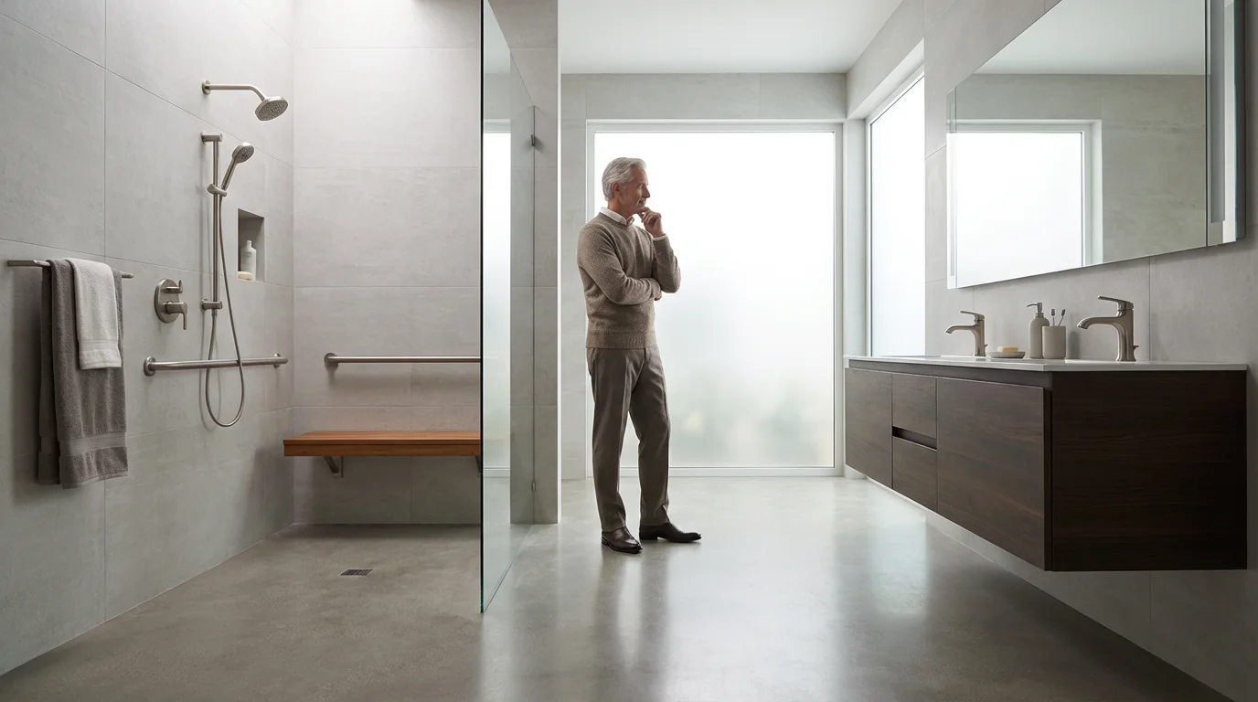Senior man standing in a modern, universally designed bathroom with a zero-threshold shower.
