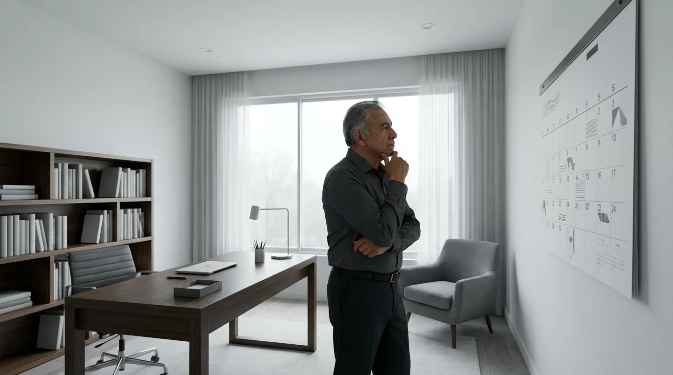 Senior man thoughtfully looks at a large wall calendar in his modern home study.