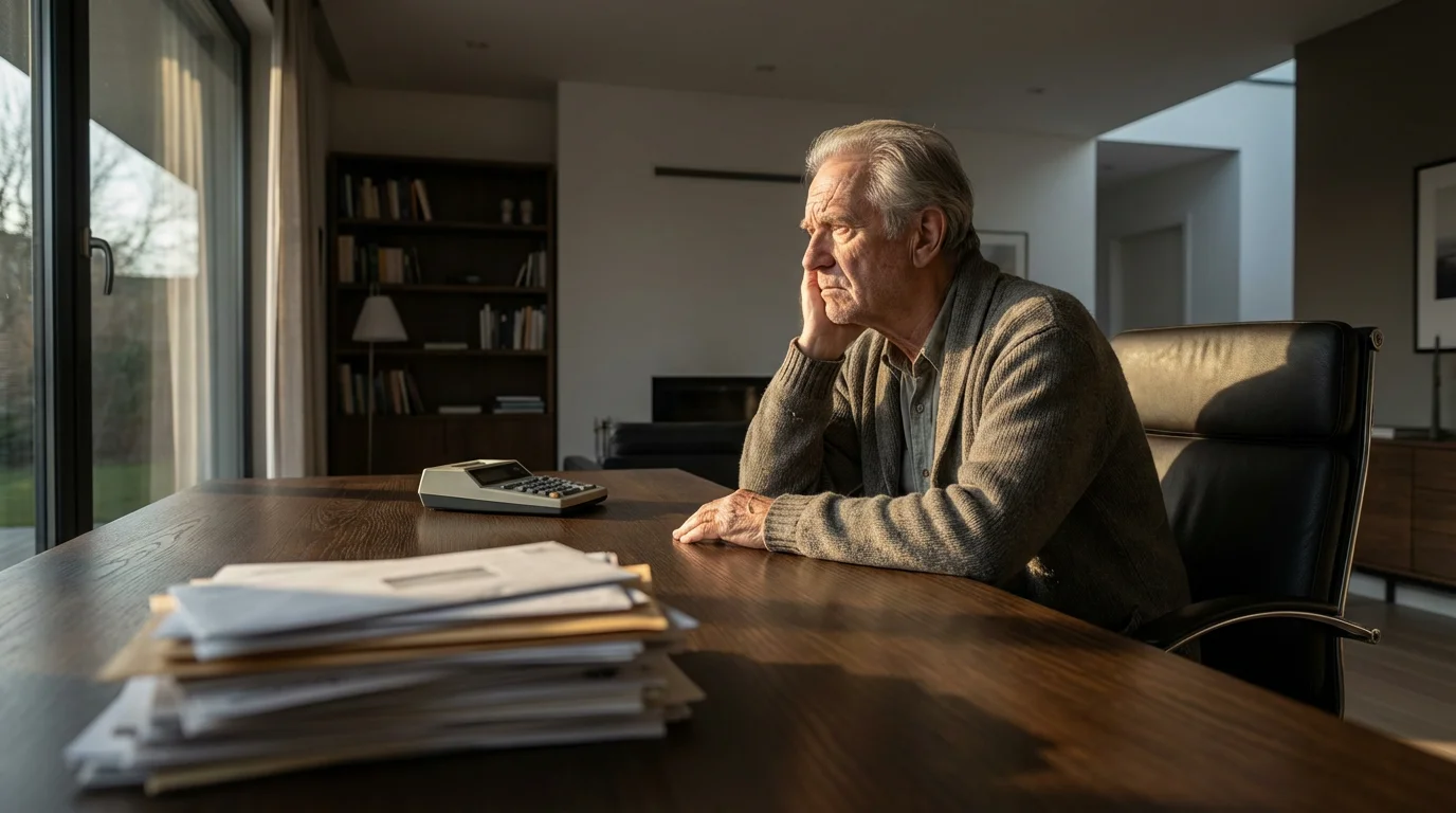 Senior person at a desk with a large stack of bills, contemplating future costs.