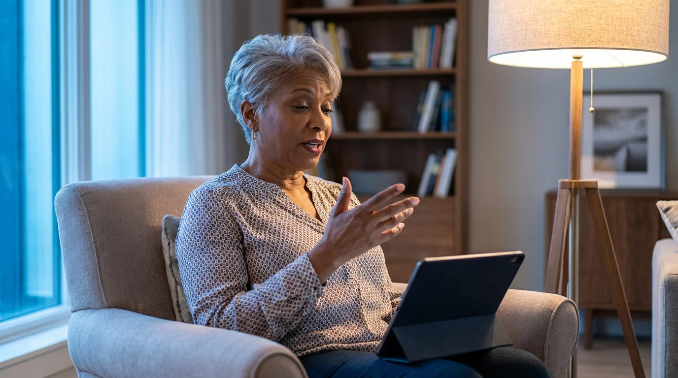Senior woman actively participating in an evening telehealth appointment on a tablet at home.