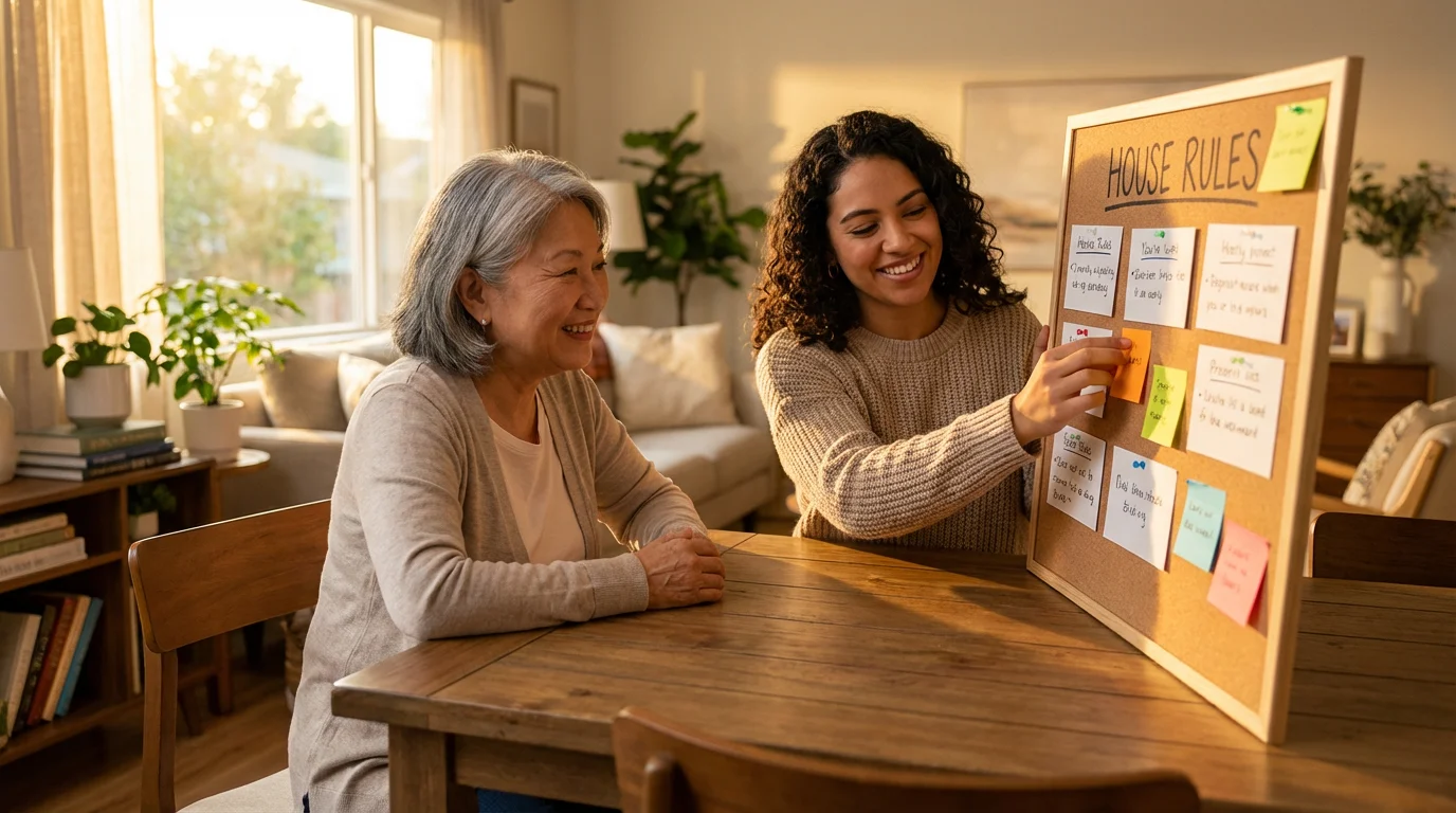 Senior woman and younger woman happily creating a house rules board together at sunset.