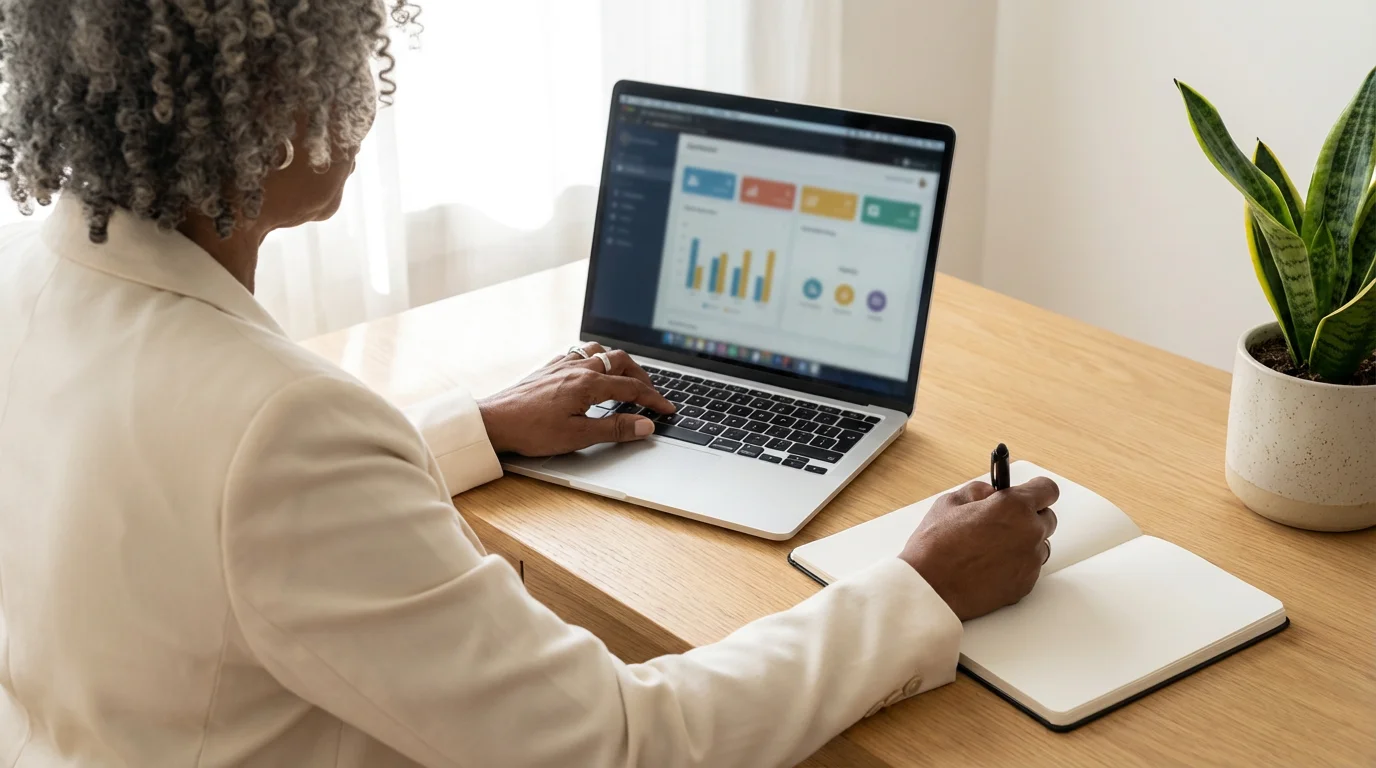 Senior woman at a desk with a laptop and notepad researching healthcare plan options.