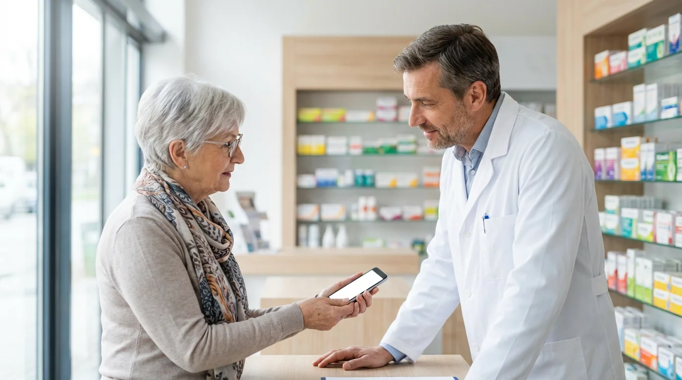 Senior woman at a foreign pharmacy counter showing her smartphone to a pharmacist.
