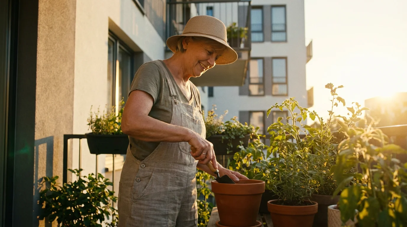 Senior woman happily gardening on her apartment balcony during a warm golden hour.
