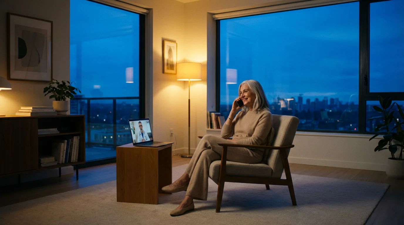 Senior woman in a comfortable living room at dusk having a telehealth appointment on her laptop.