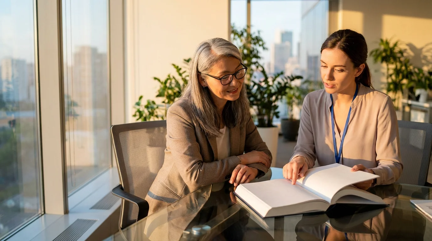 Senior woman in a meeting with a professional advisor, discussing a book at sunset.