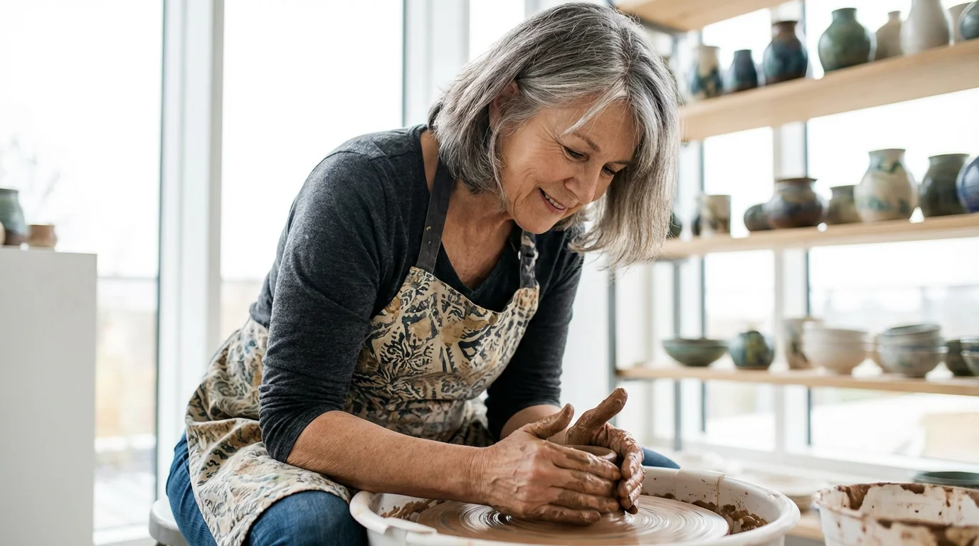 Senior woman joyfully shaping a clay vase on a pottery wheel in a bright studio.