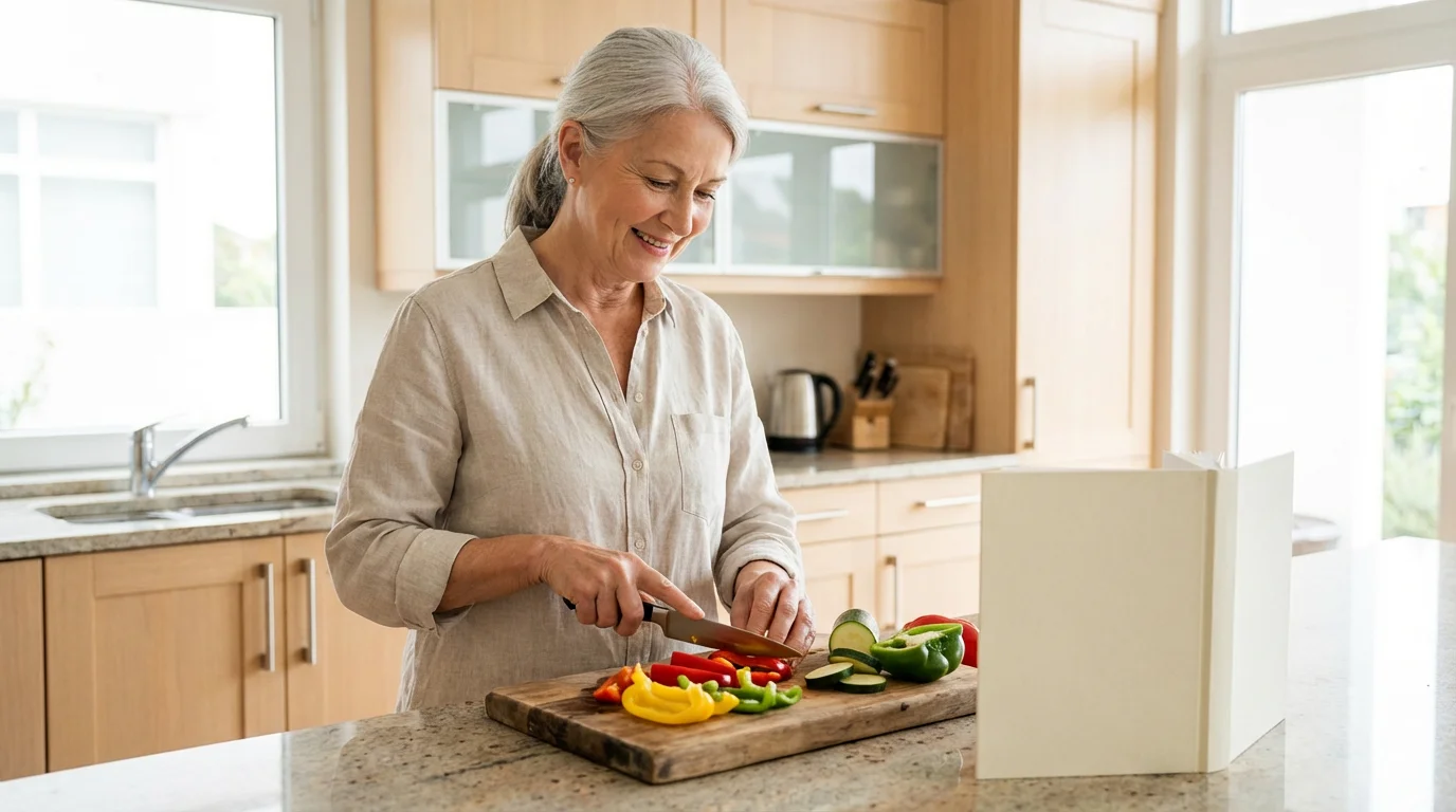 Senior woman preparing a healthy meal in a modern kitchen with a recipe book.