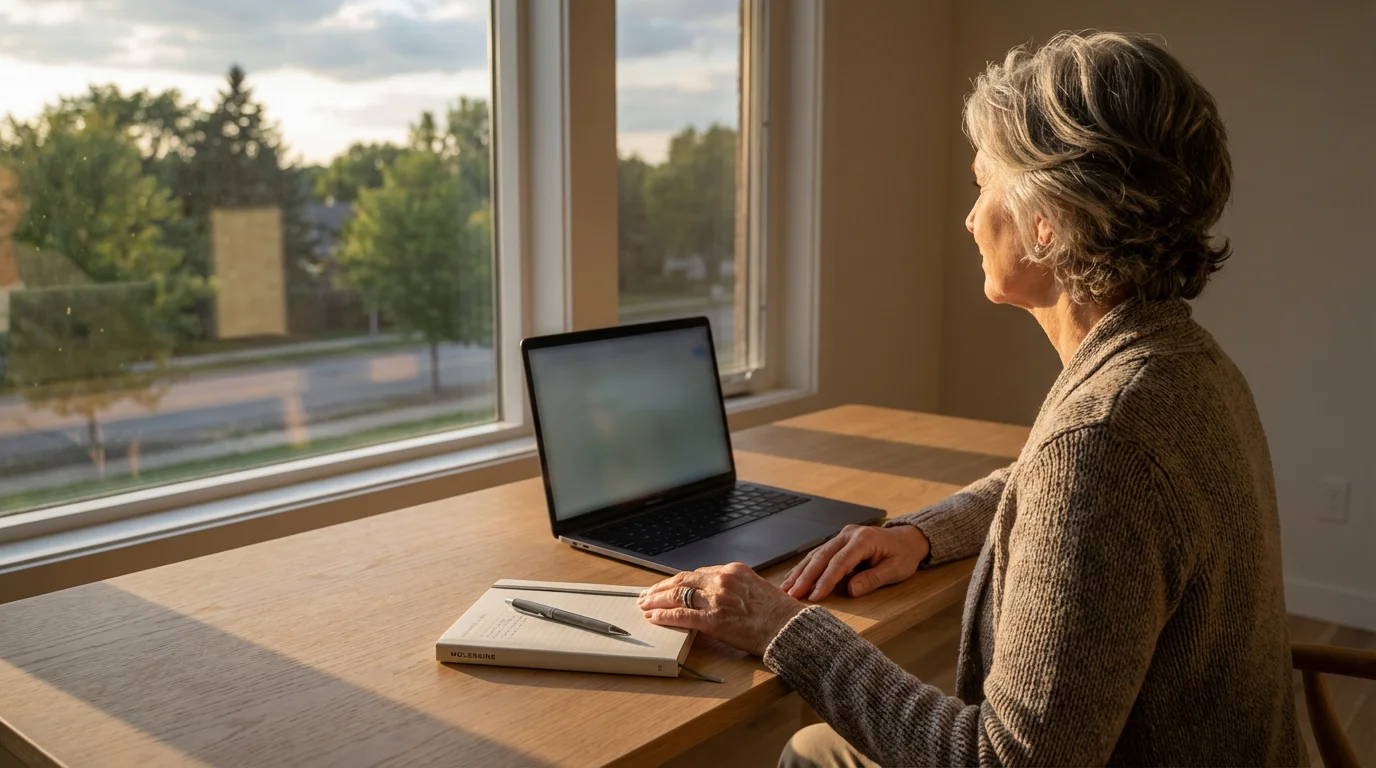 Senior woman seen from over her shoulder, planning at a sunlit desk.