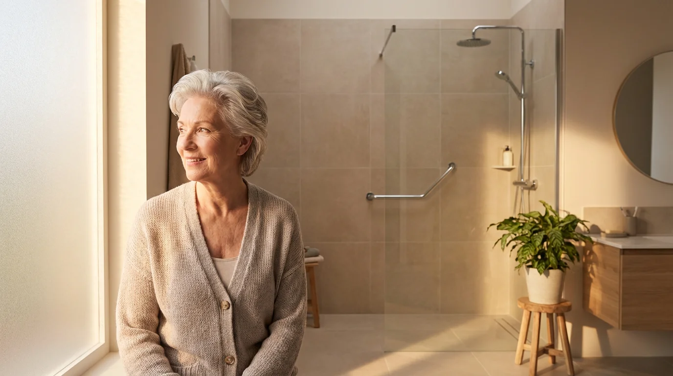 Senior woman smiling in a modern, accessible bathroom with a curbless shower at sunset.
