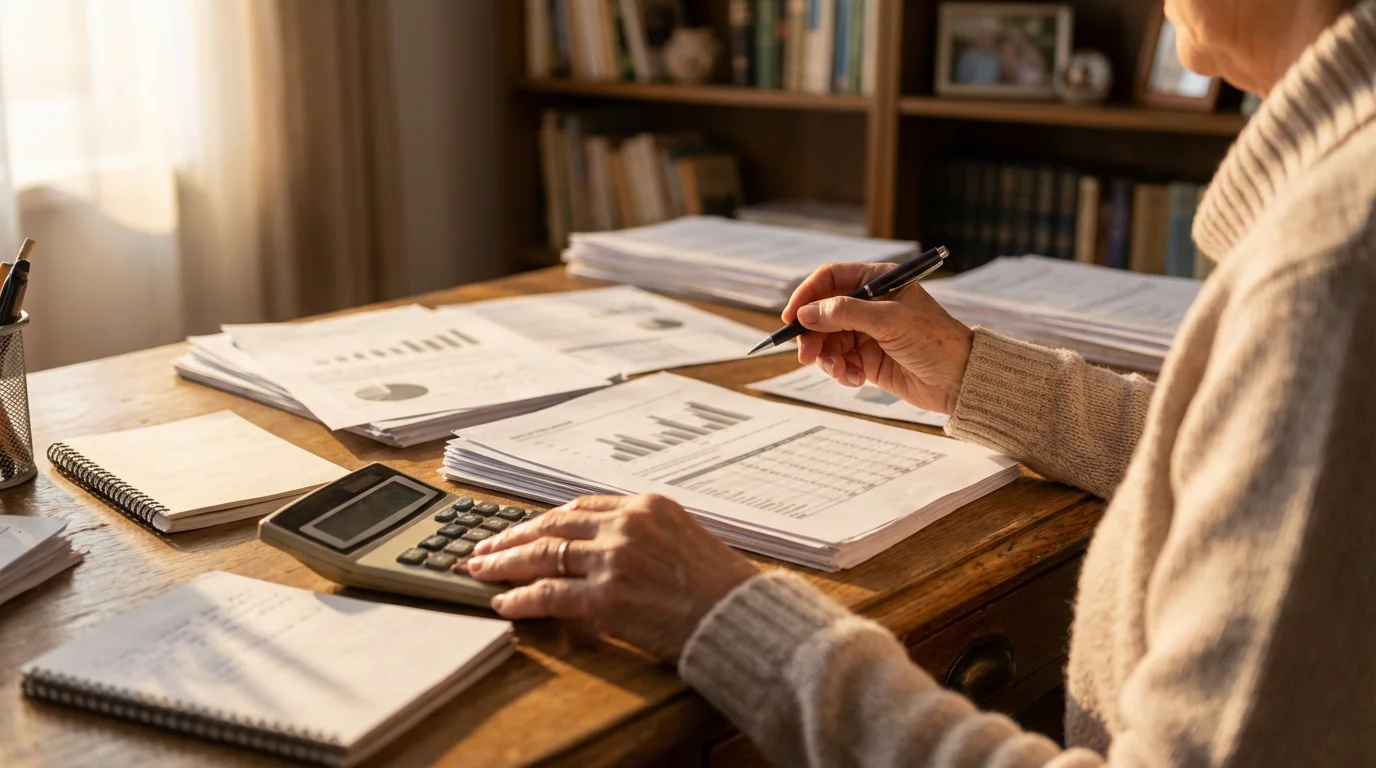 Senior woman's hands reviewing financial planning documents on a desk during golden hour.