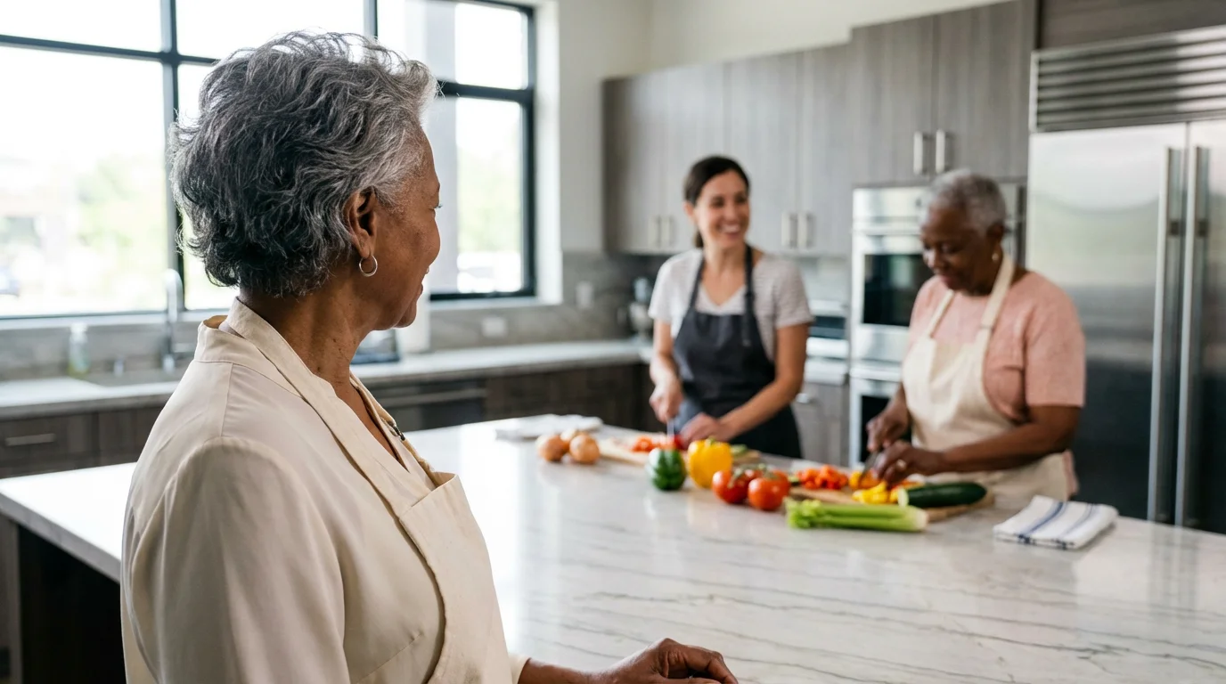 Seniors enjoying a social cooking class in a modern retirement community common area.