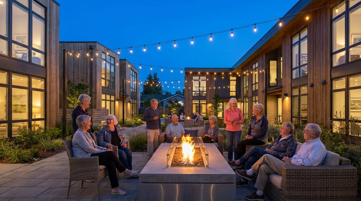Seniors enjoying an evening together in a modern co-housing community courtyard with a fire pit.