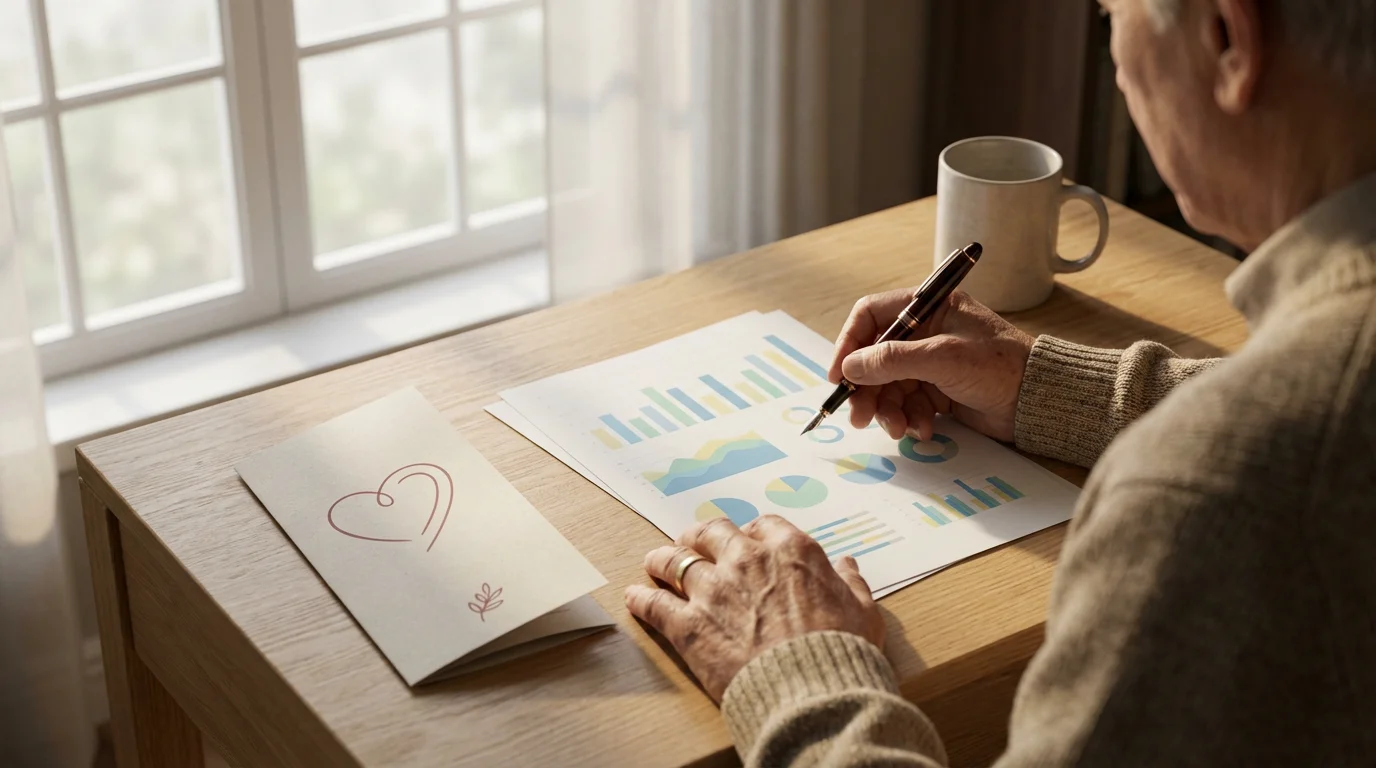 Senior's hands planning a charitable distribution from a retirement account on a sunlit desk.
