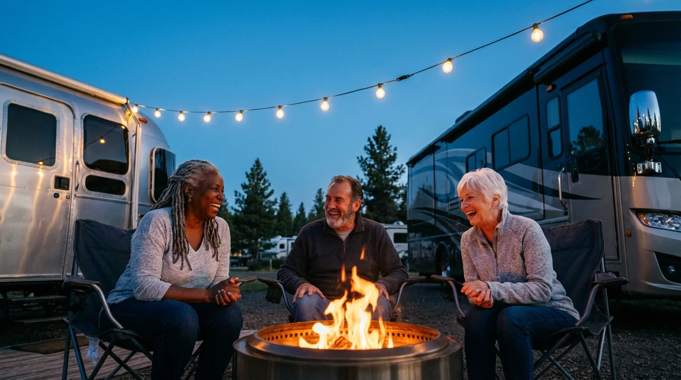 Seniors laughing together around a campfire at an RV park during blue hour.