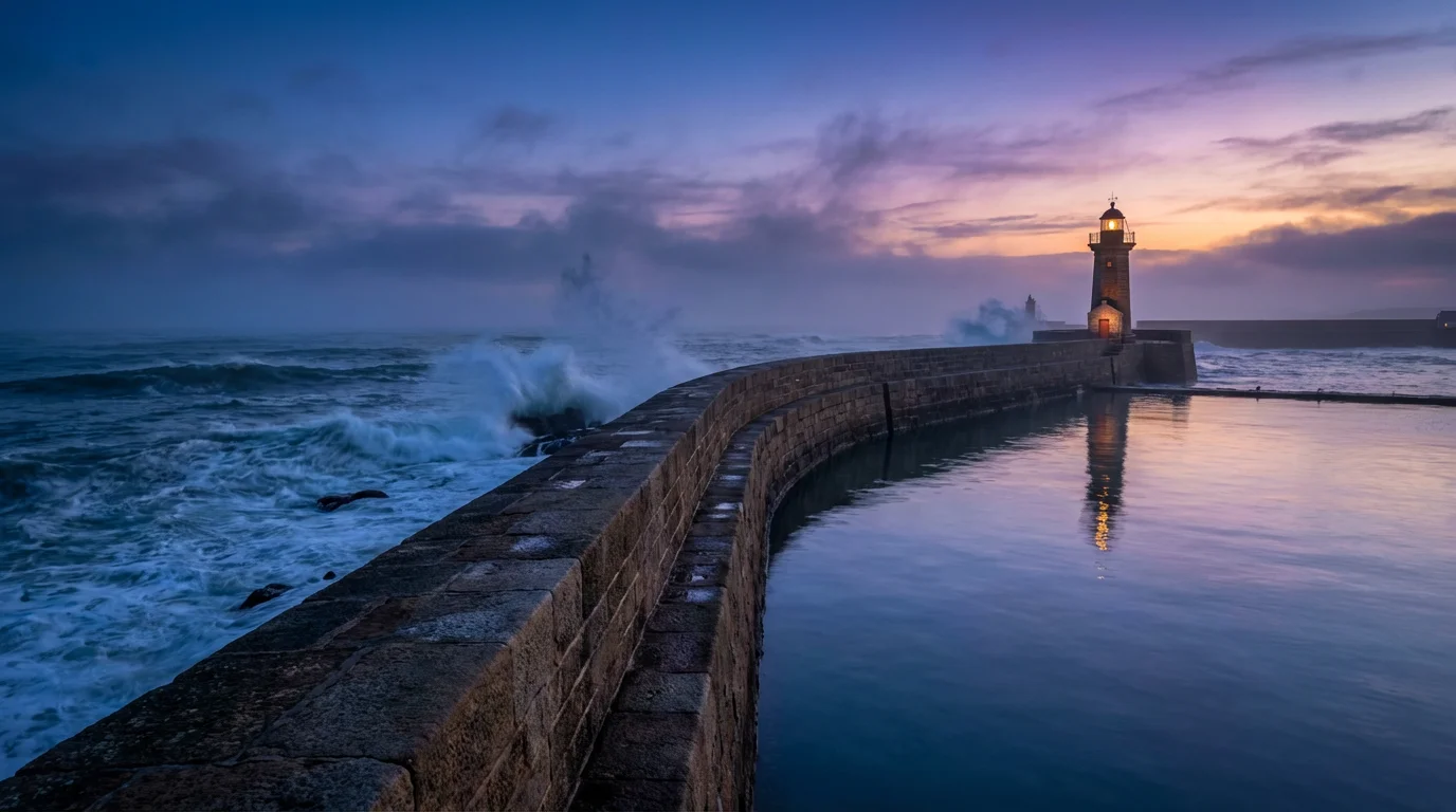 Stone breakwater protecting a calm harbor from a choppy sea at twilight.