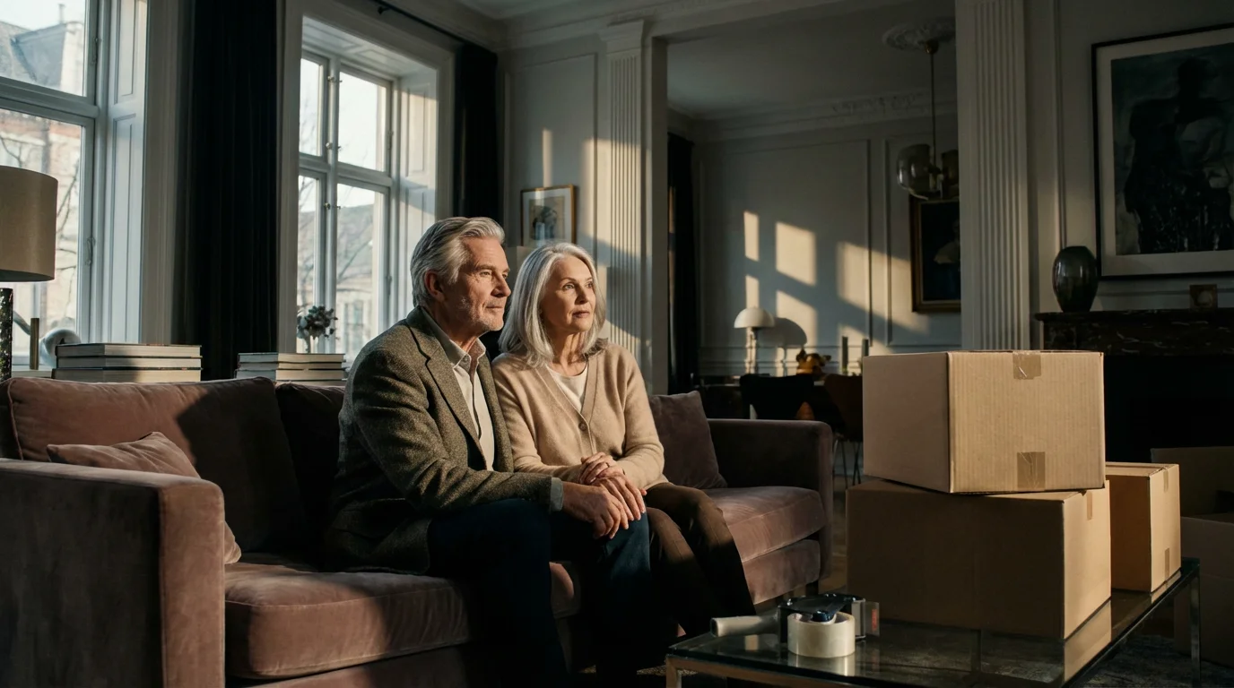 Thoughtful senior couple in a sunlit living room with packing boxes, considering selling their home.