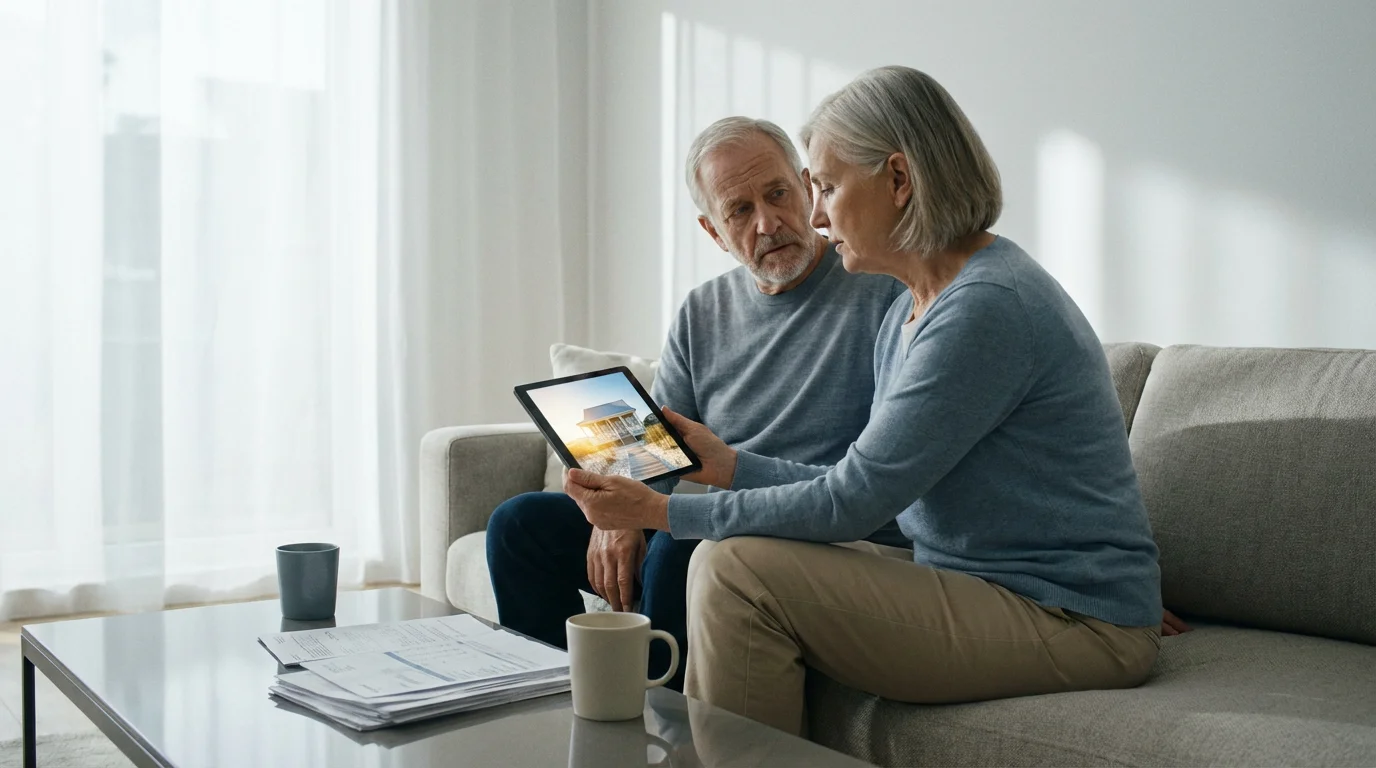 Thoughtful senior couple reviews vacation home options on a tablet in their living room.