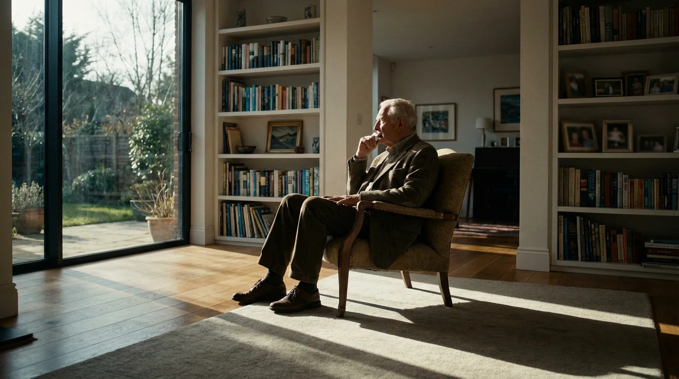 Thoughtful senior man sitting in his living room in the afternoon, considering future needs.
