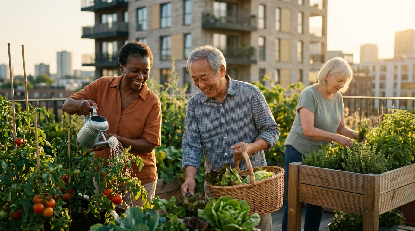 Three diverse, happy seniors gardening together on a sunny rooftop in a co-housing community.