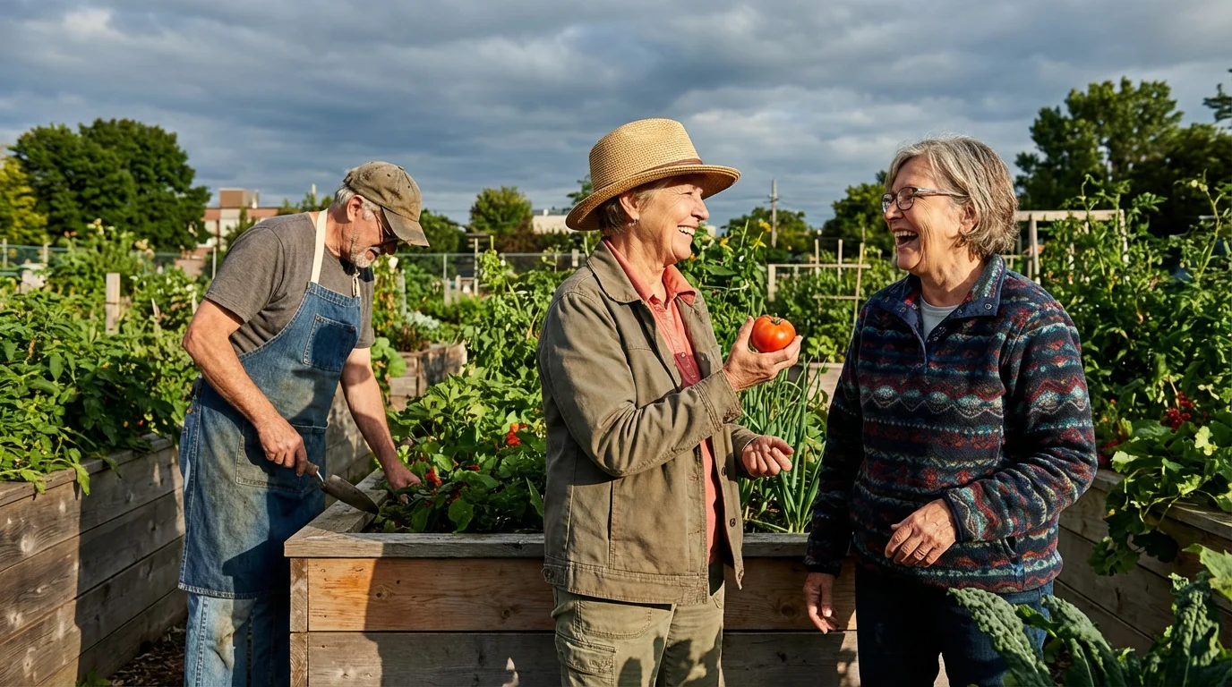 Three diverse seniors laughing and connecting while gardening together in a sunlit urban garden.