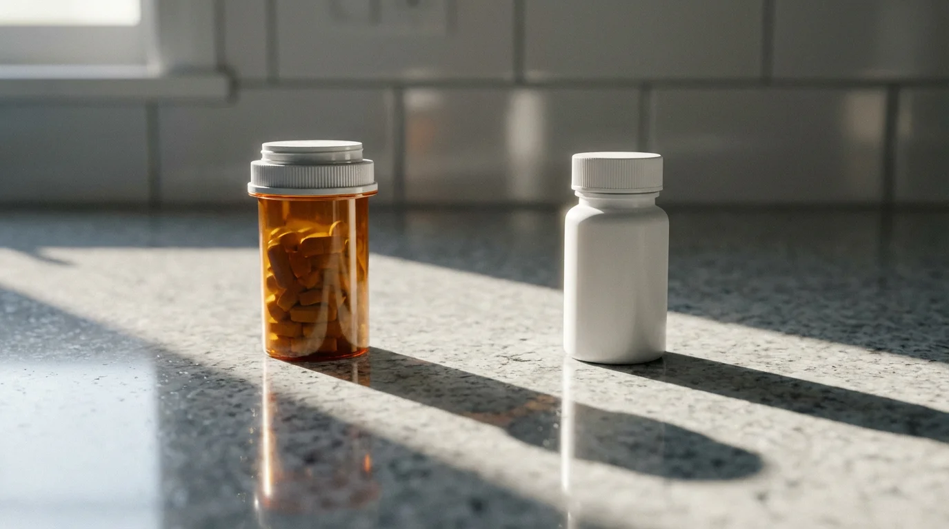 Two different prescription pill bottles on a countertop with long afternoon shadows.