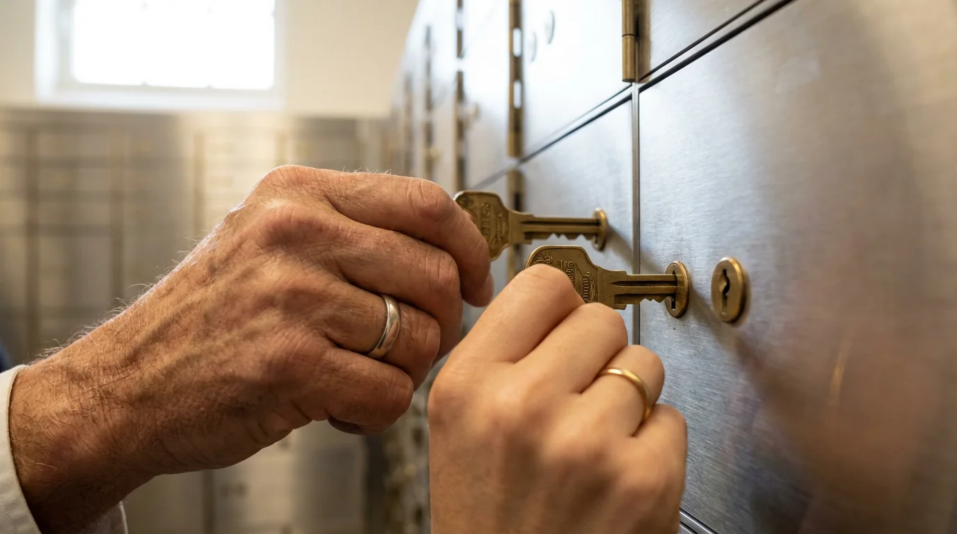 Two hands with keys unlocking a shared safe deposit box in a bank vault.