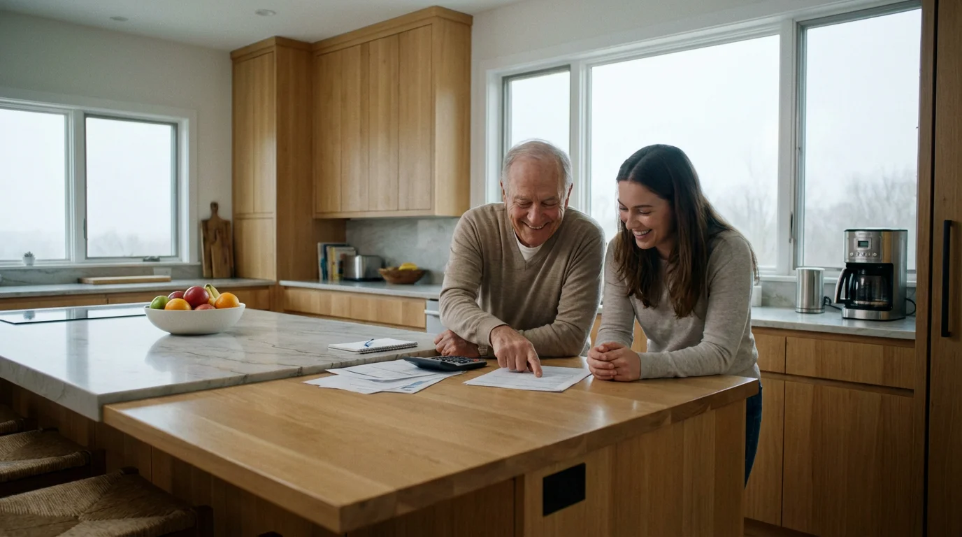 Two people happily reviewing household utility bills at a bright, modern kitchen island.