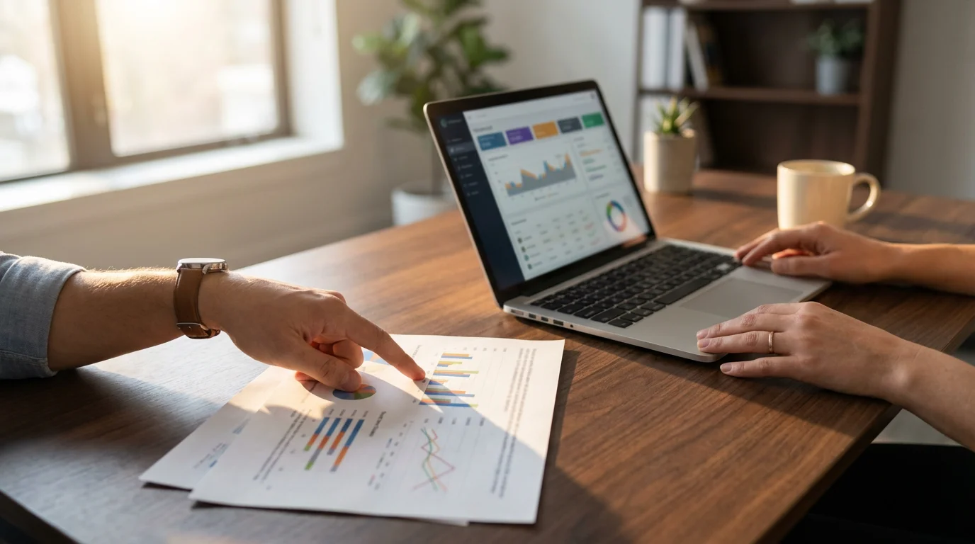 Two professionals reviewing financial charts and graphs on a desk during an afternoon meeting.