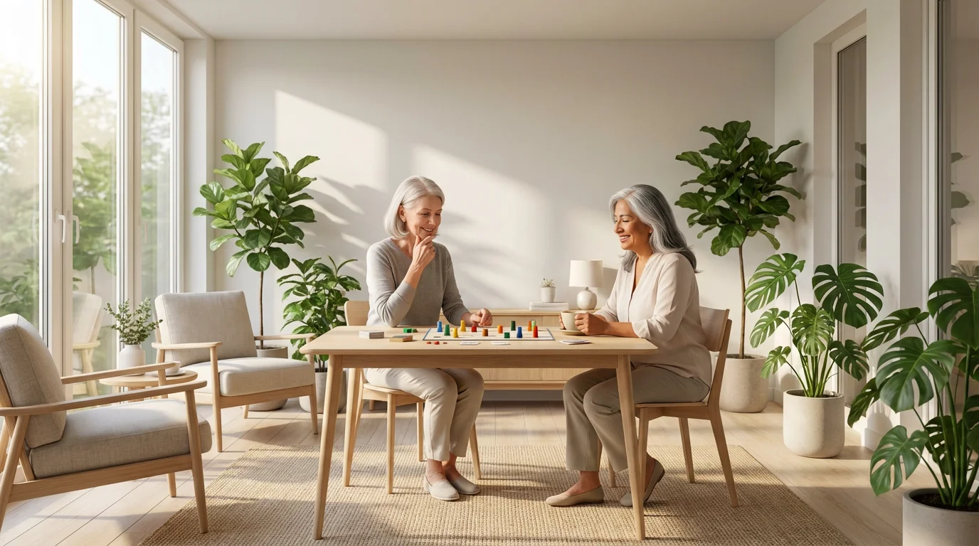 Two senior women play a strategic board game at a table in a sun-drenched room.