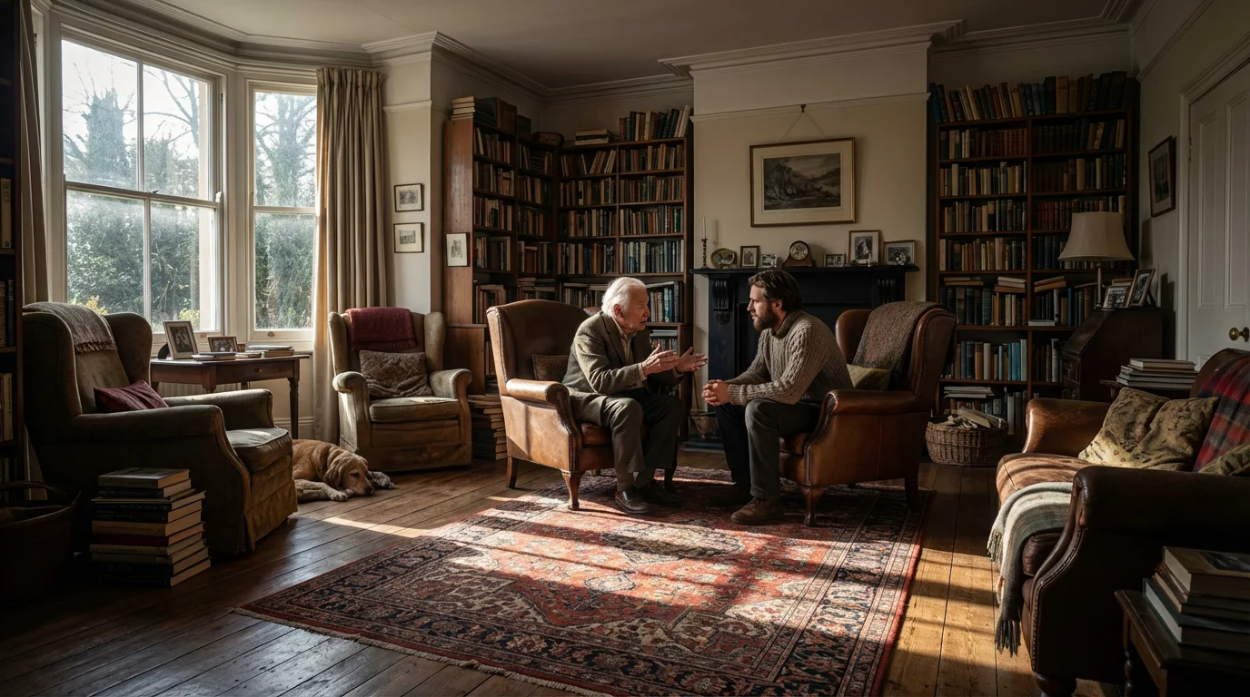 Wide shot of two people having a serious conversation in a home library.