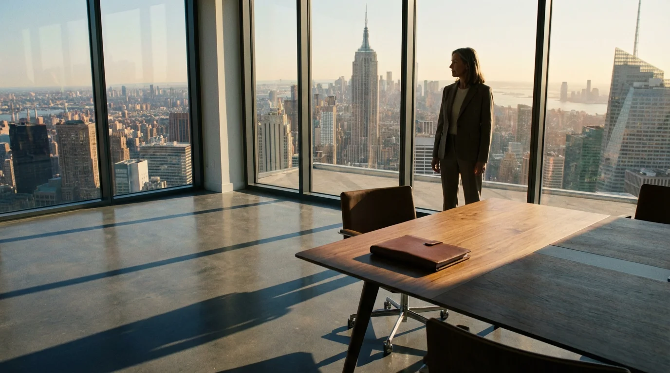 Woman contemplates in a modern office with legal documents on a desk.
