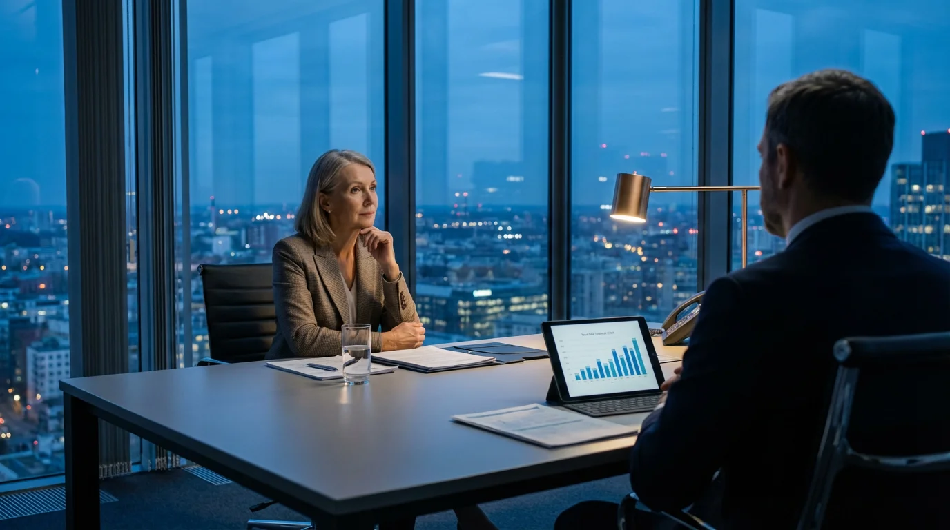 Woman in a city office at dusk, planning with a professional advisor for long-term care.